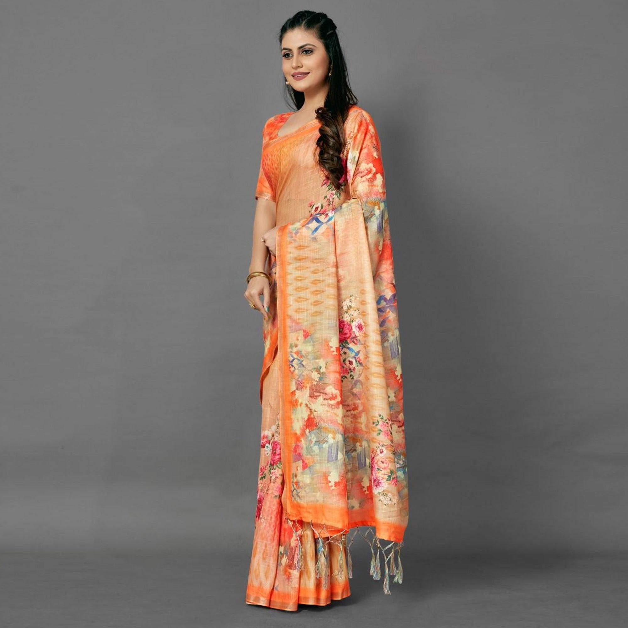 Orange Casual Pure Linen Digital Print Saree With Unstitched Blouse - Peachmode