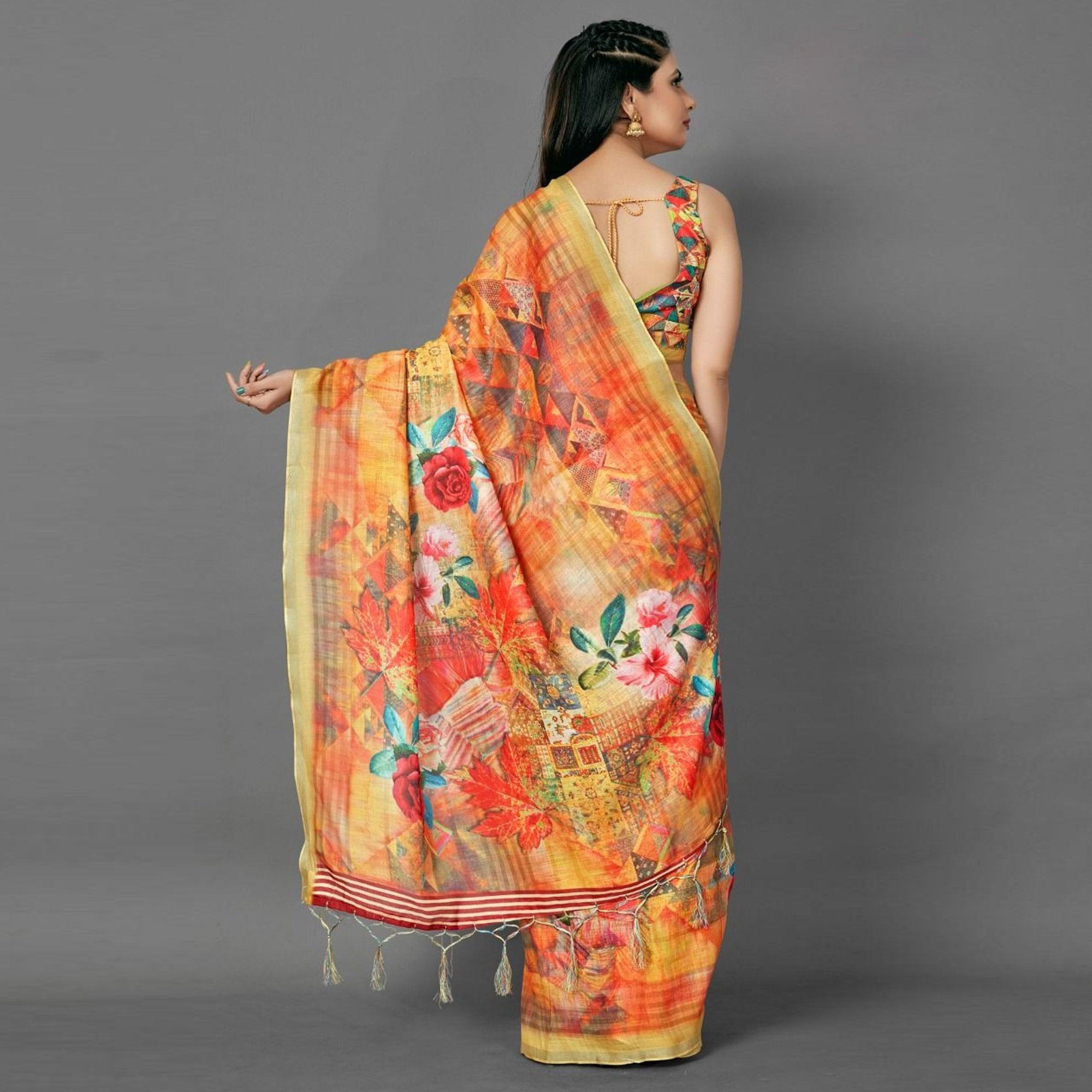 Orange Casual Pure Linen Digital Print Saree With Unstitched Blouse - Peachmode