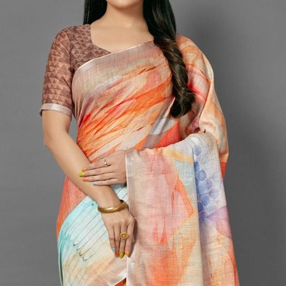 Orange Casual Pure Linen Digital Print Saree With Unstitched Blouse - Peachmode