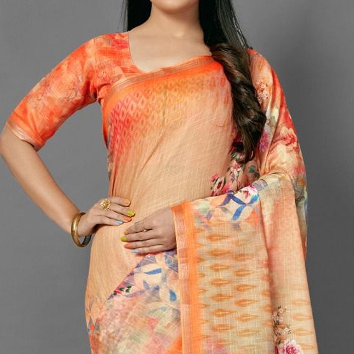 Orange Casual Pure Linen Digital Print Saree With Unstitched Blouse - Peachmode