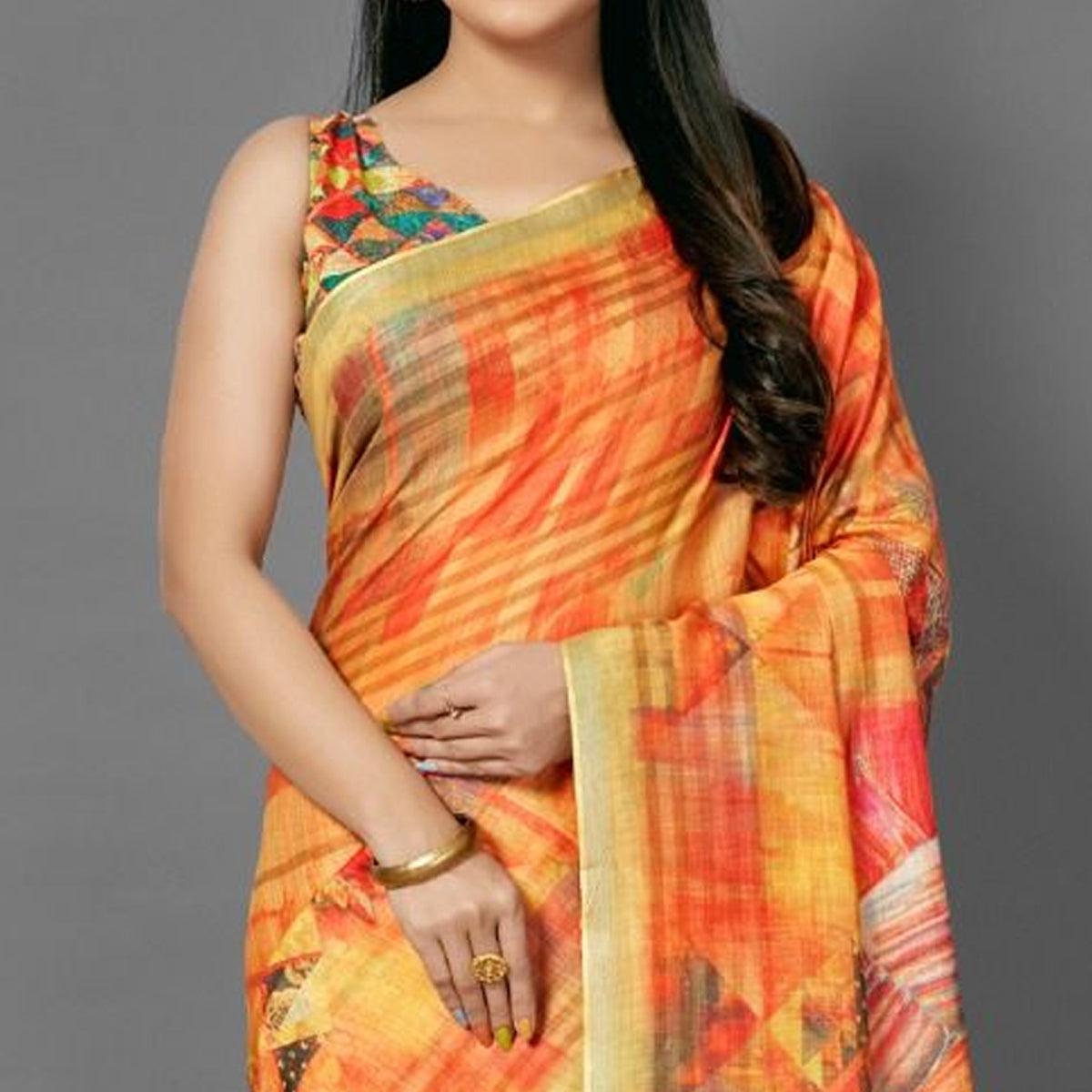 Orange Casual Pure Linen Digital Print Saree With Unstitched Blouse - Peachmode