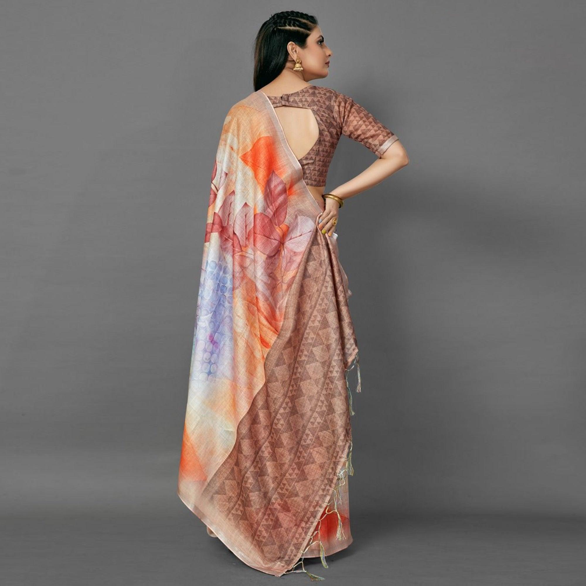 Orange Casual Pure Linen Digital Print Saree With Unstitched Blouse - Peachmode