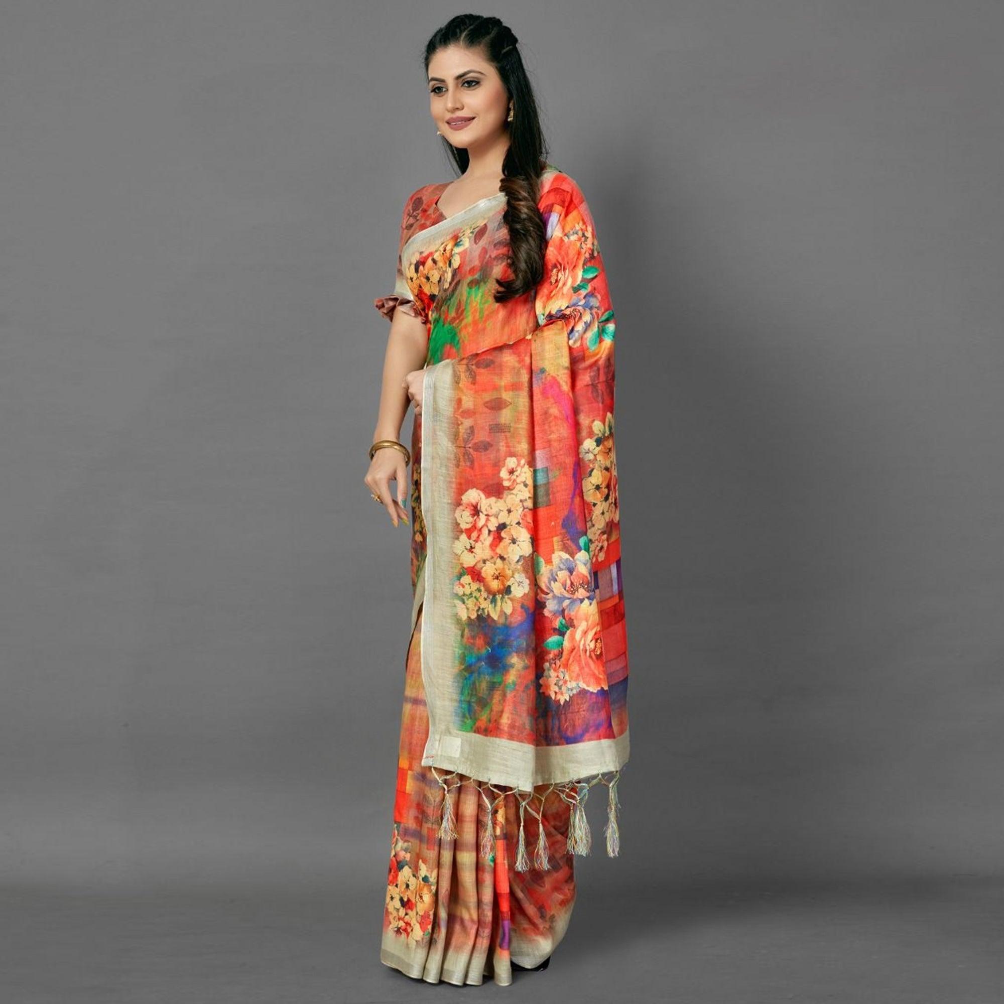 Orange Casual Pure Linen Digital Print Saree With Unstitched Blouse - Peachmode