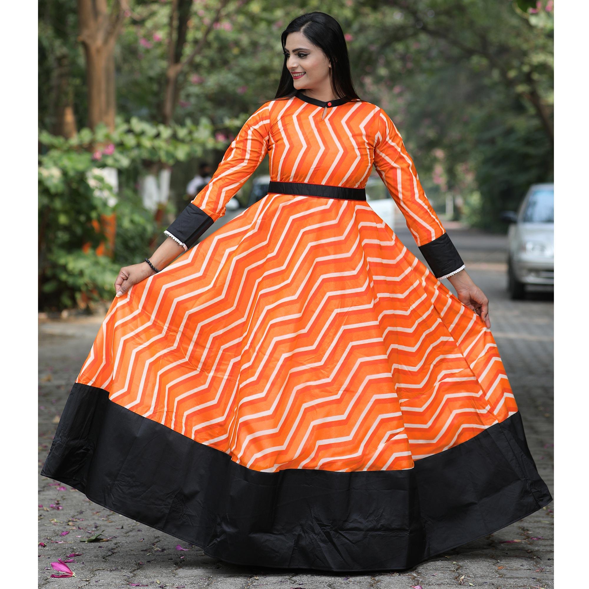 Orange Casual Stripes Digital Printed Georgette Gown - Peachmode