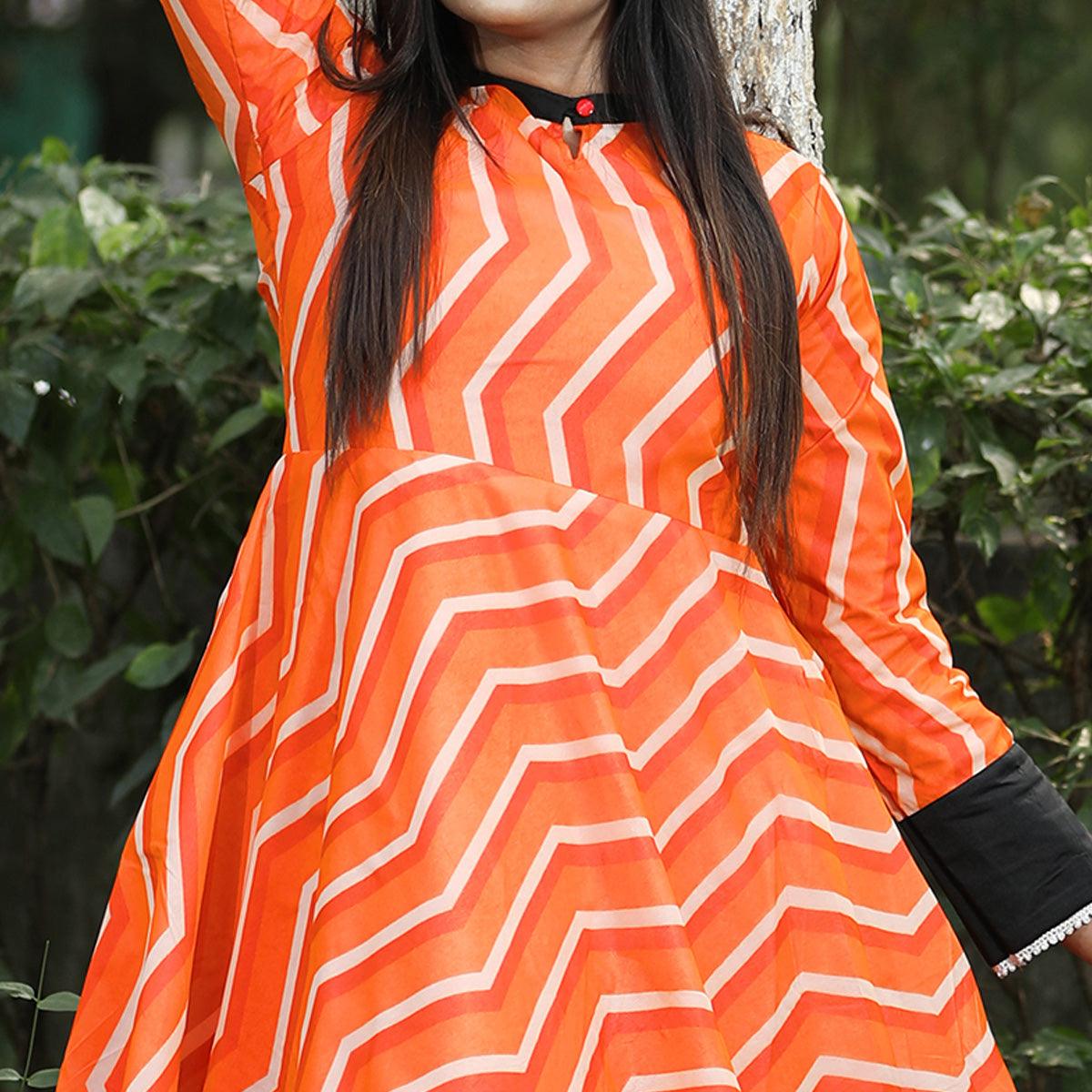 Orange Casual Stripes Digital Printed Georgette Gown - Peachmode