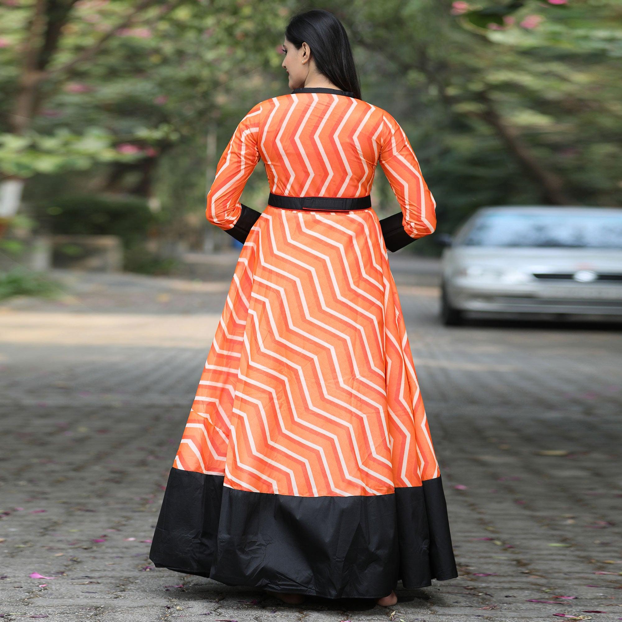 Orange Casual Stripes Digital Printed Georgette Gown - Peachmode