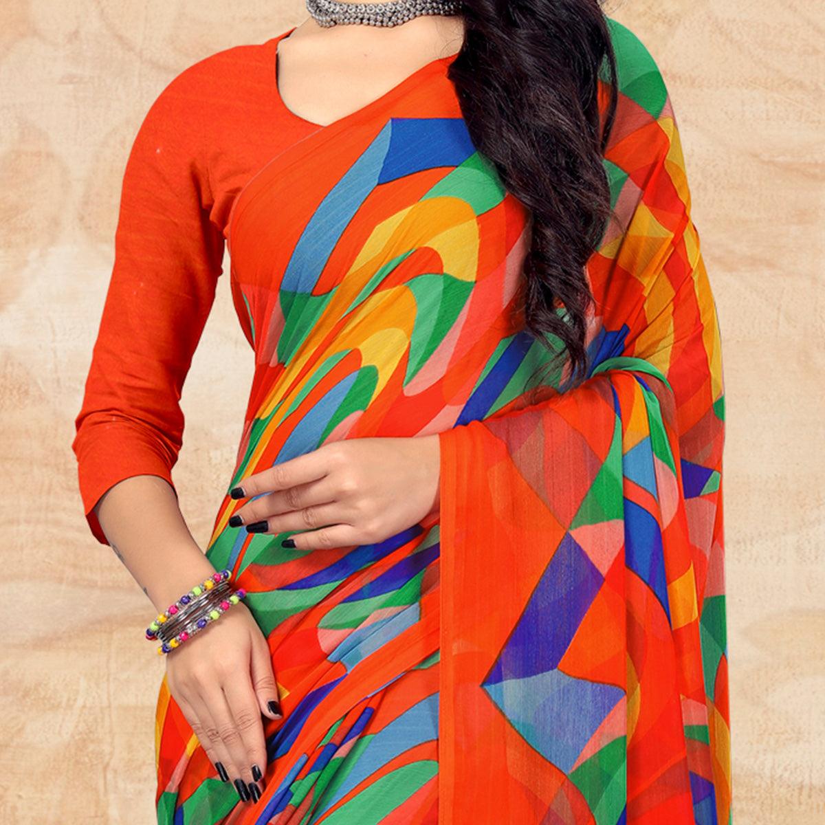 Orange Casual Wear Abstract Printed Chiffon Saree - Peachmode