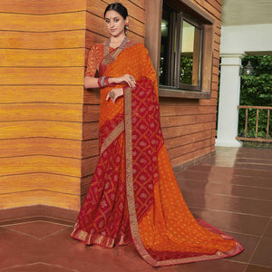 Orange Casual Wear Bandhani Printed Chiffon Saree - Peachmode