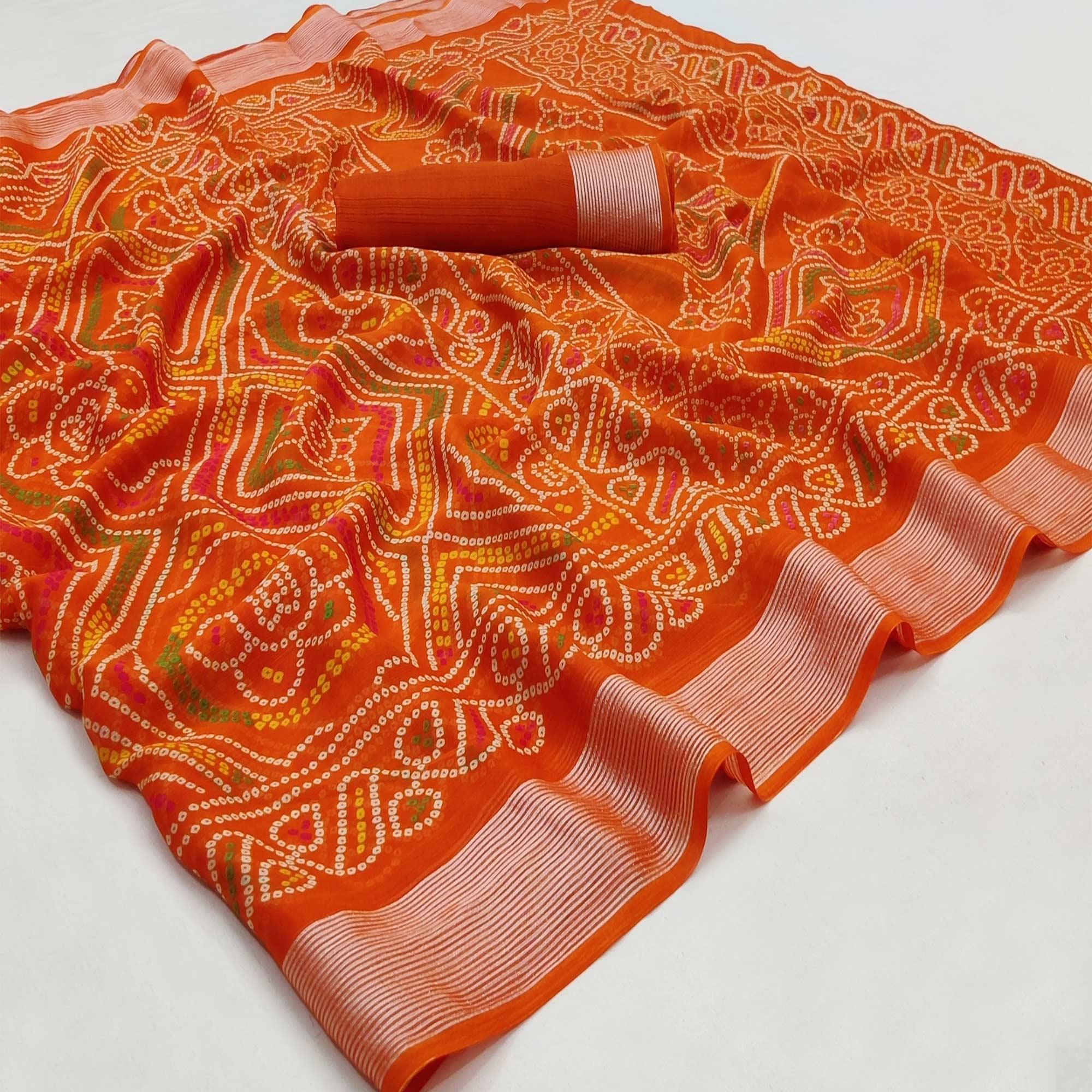 Orange Casual Wear Bandhani Printed Chiffon Saree - Peachmode