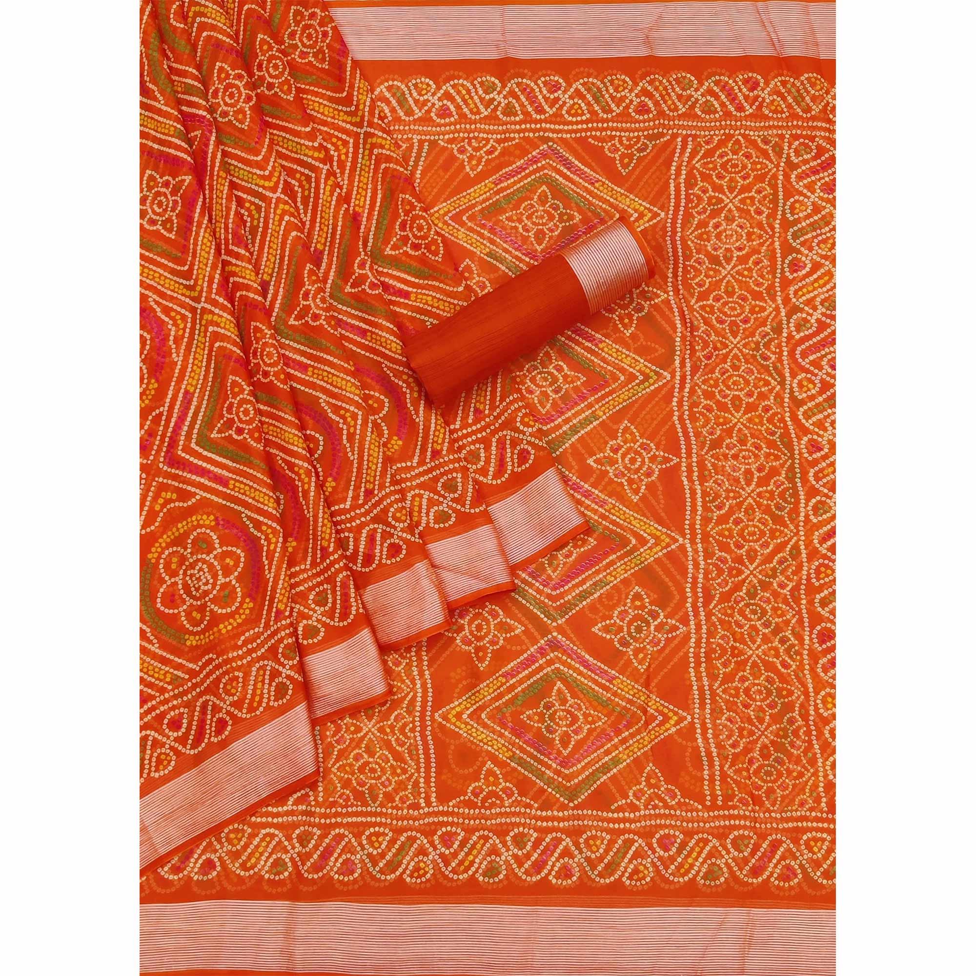 Orange Casual Wear Bandhani Printed Chiffon Saree - Peachmode