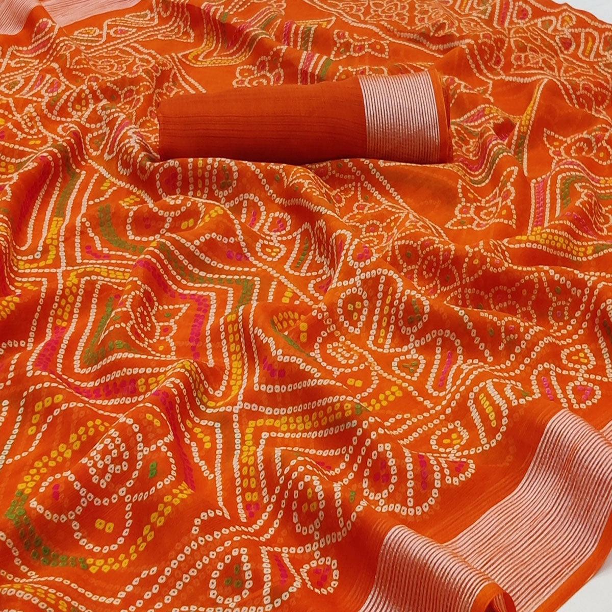 Orange Casual Wear Bandhani Printed Chiffon Saree - Peachmode