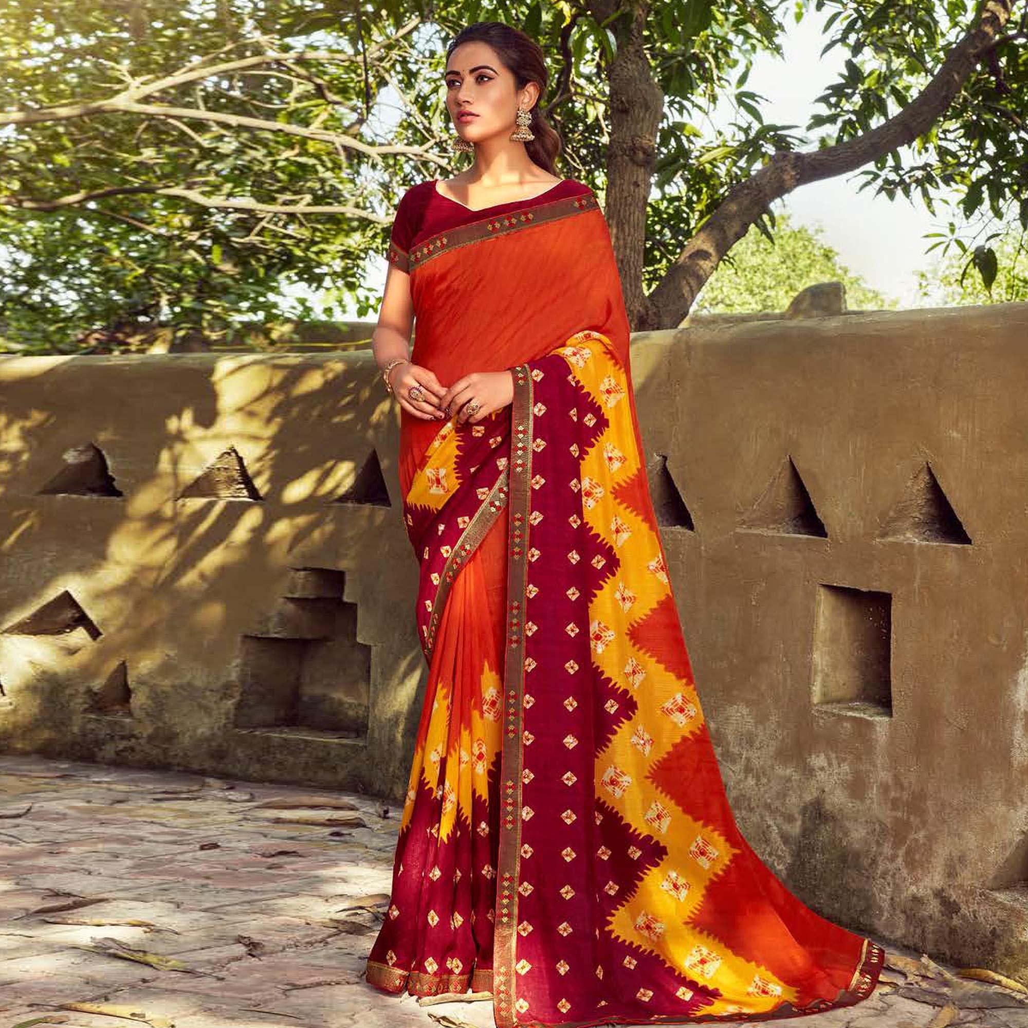 Orange Casual Wear Bandhani Printed Silk Saree - Peachmode