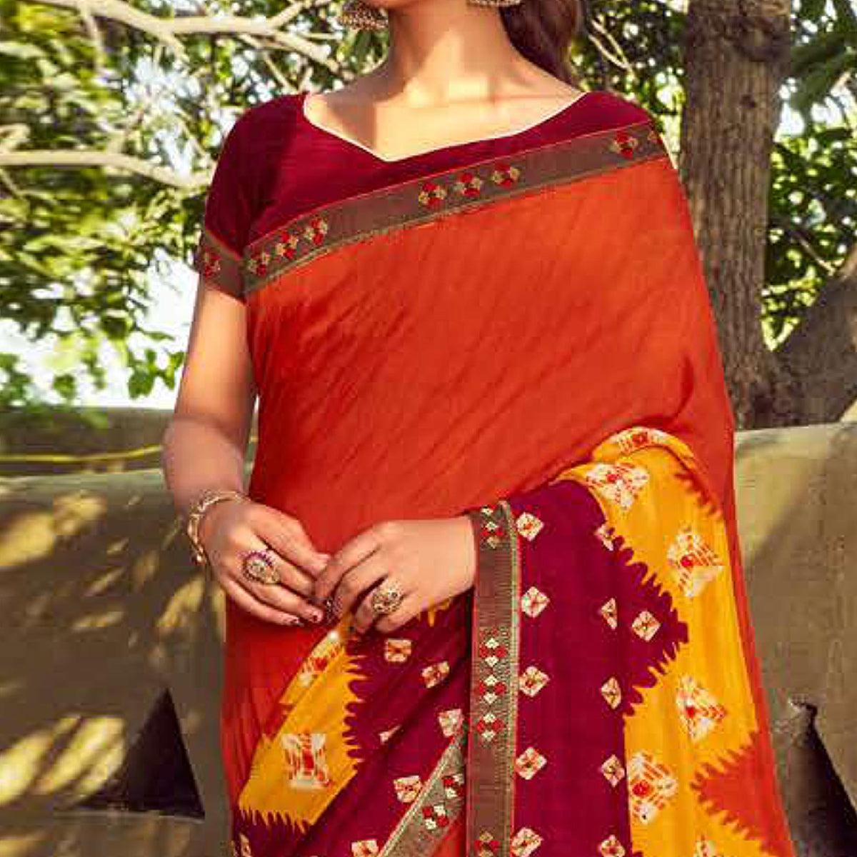 Orange Casual Wear Bandhani Printed Silk Saree - Peachmode