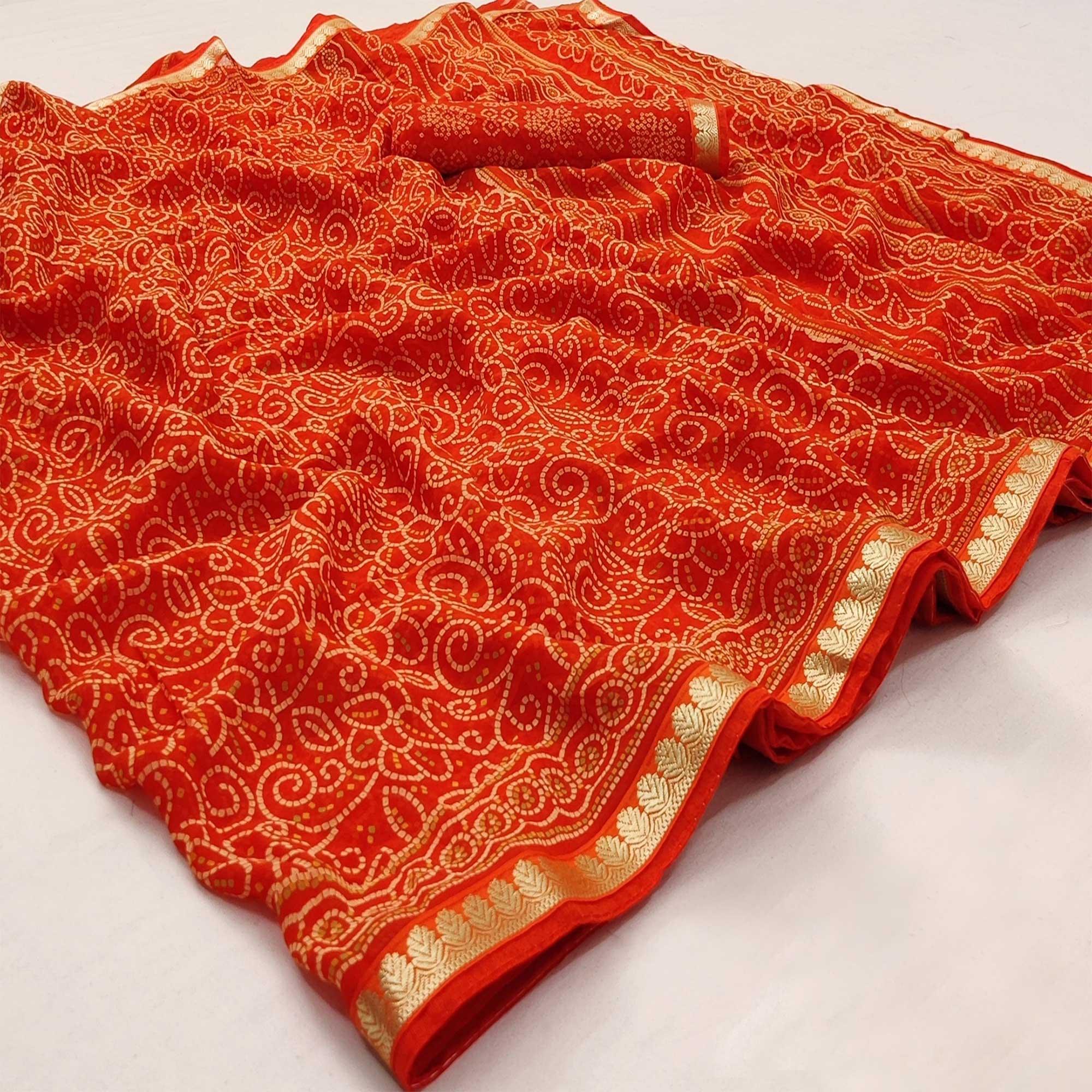 Orange Casual Wear Bandhani Printed Soft Georgette Saree With Fancy Border - Peachmode
