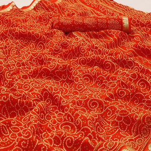 Orange Casual Wear Bandhani Printed Soft Georgette Saree With Fancy Border - Peachmode