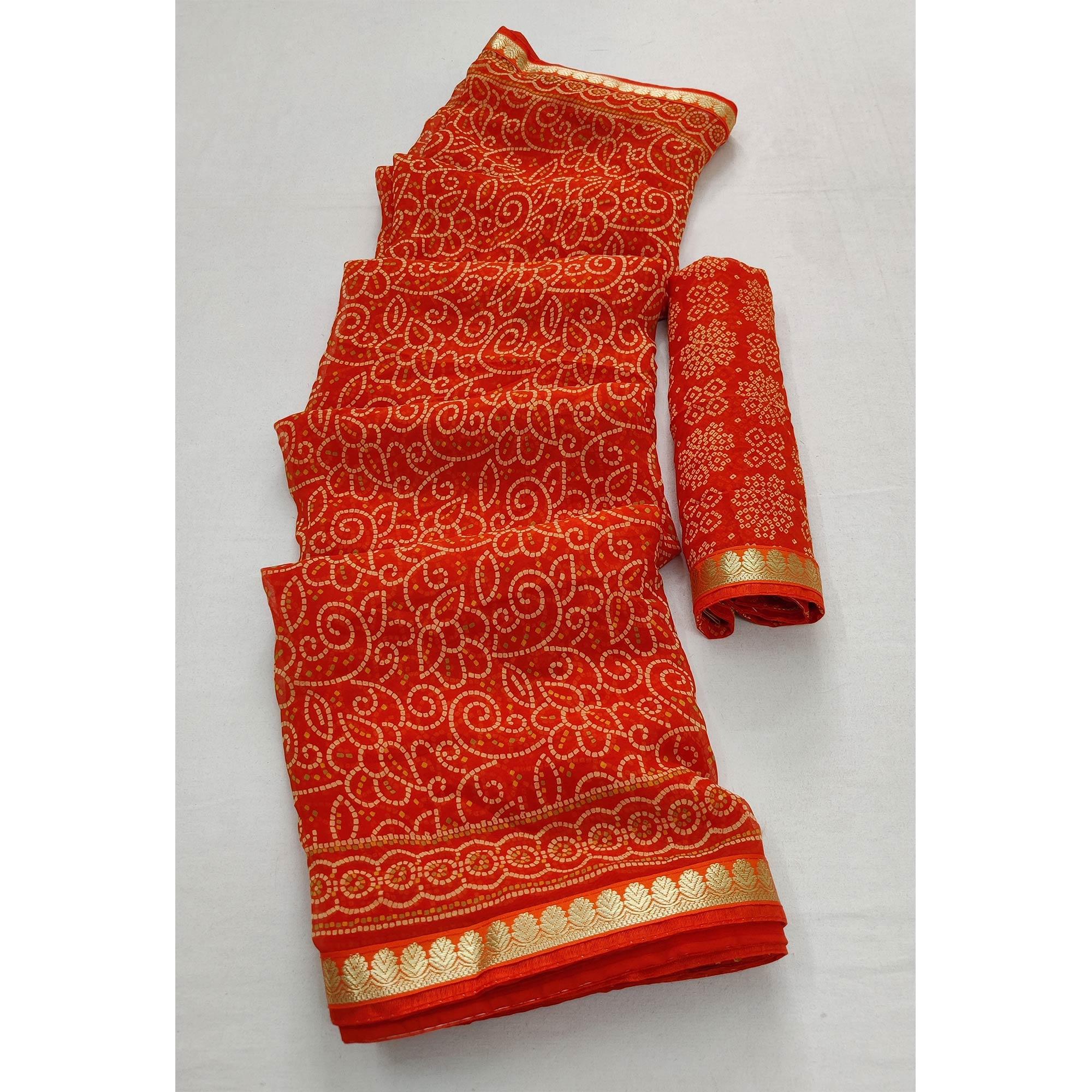 Orange Casual Wear Bandhani Printed Soft Georgette Saree With Fancy Border - Peachmode
