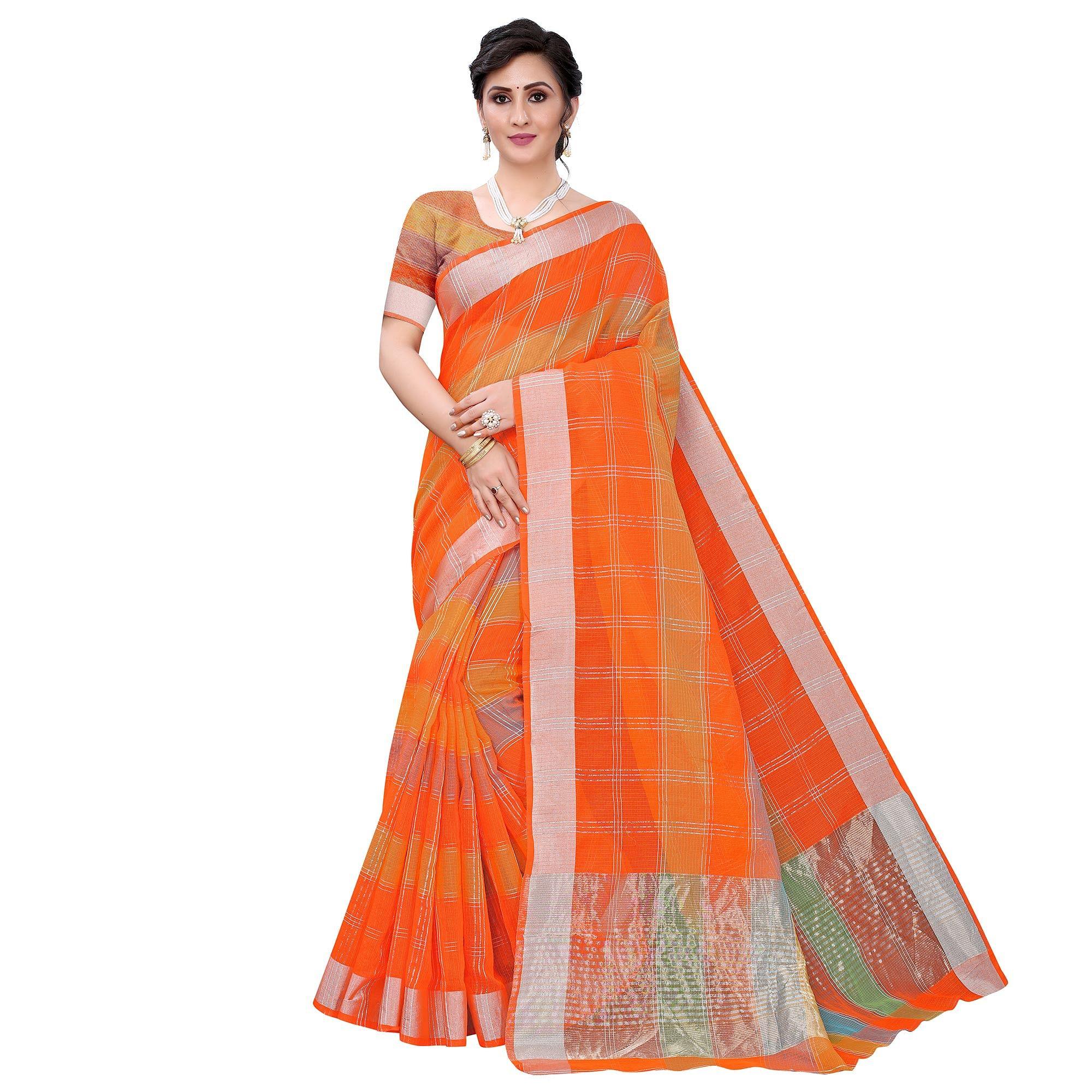 Orange Casual Wear Checks Printed Silk Saree With Border - Peachmode