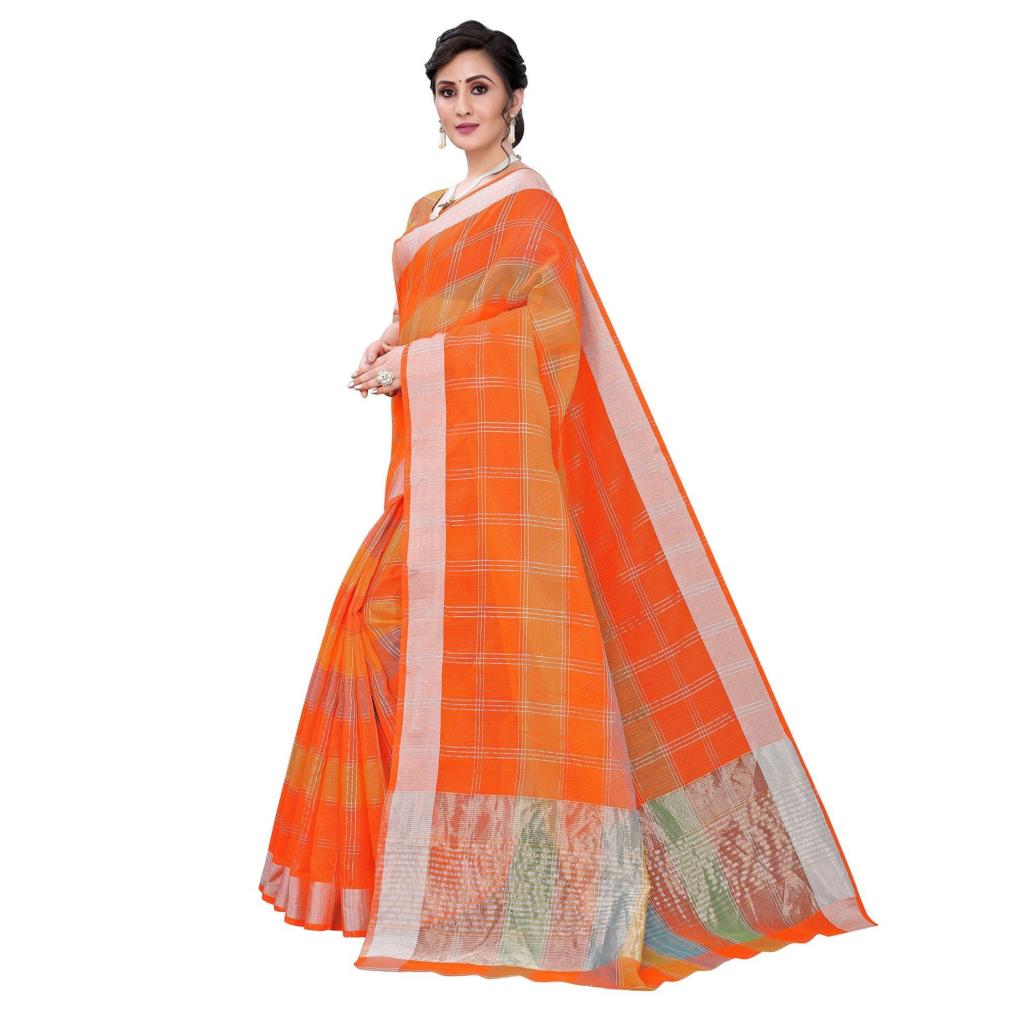 Orange Casual Wear Checks Printed Silk Saree With Border - Peachmode