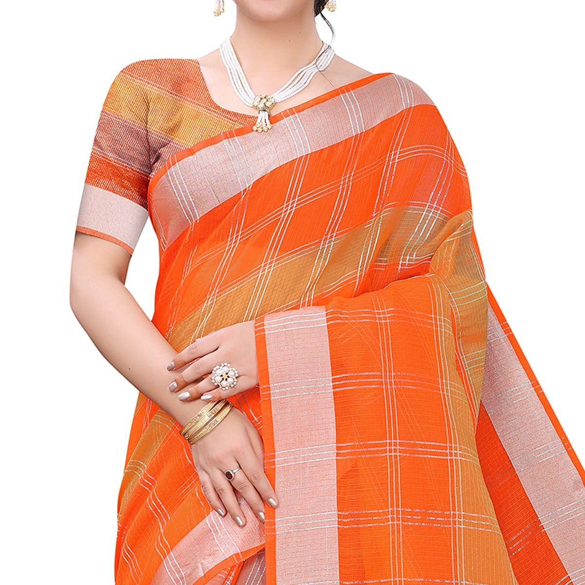 Orange Casual Wear Checks Printed Silk Saree With Border - Peachmode