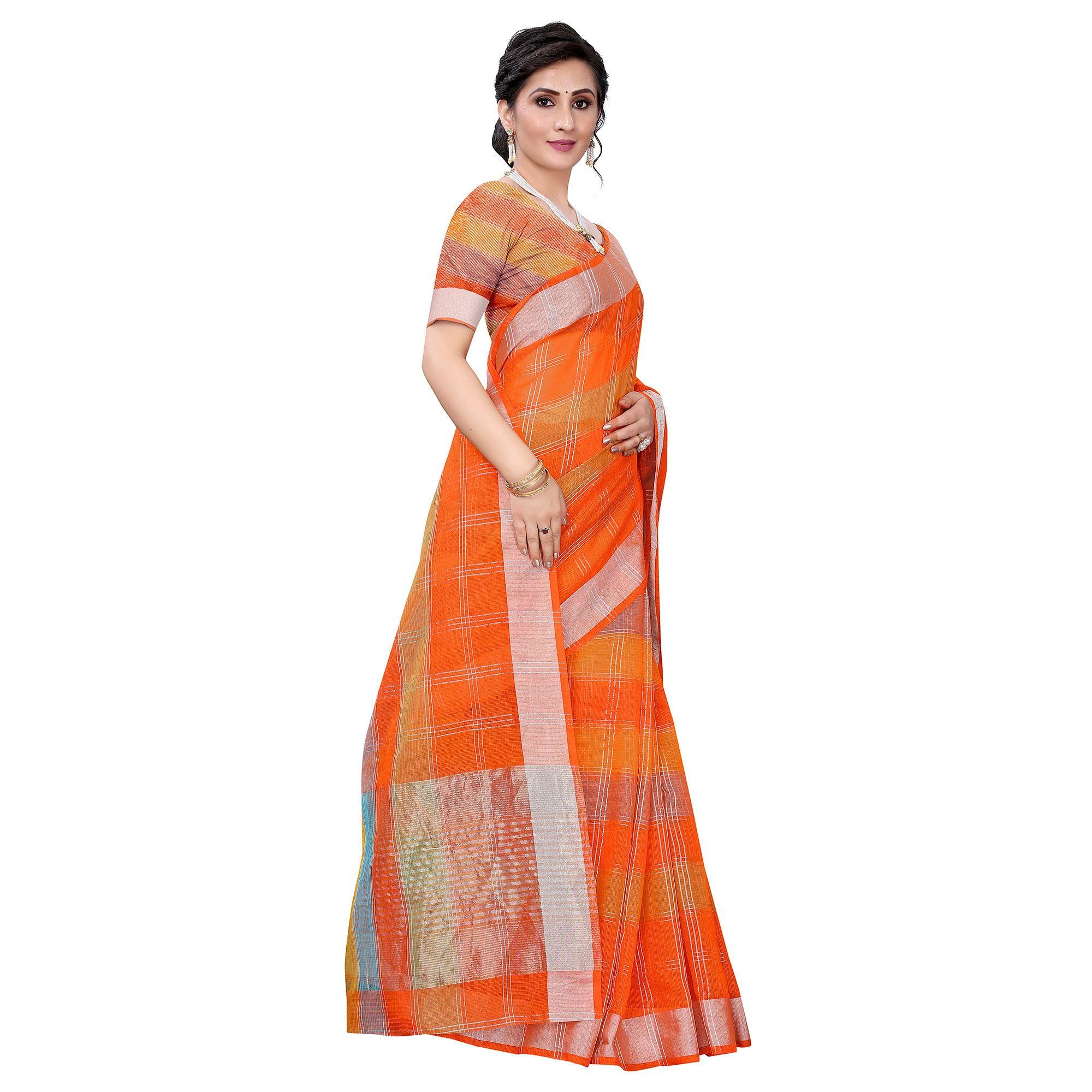 Orange Casual Wear Checks Printed Silk Saree With Border - Peachmode