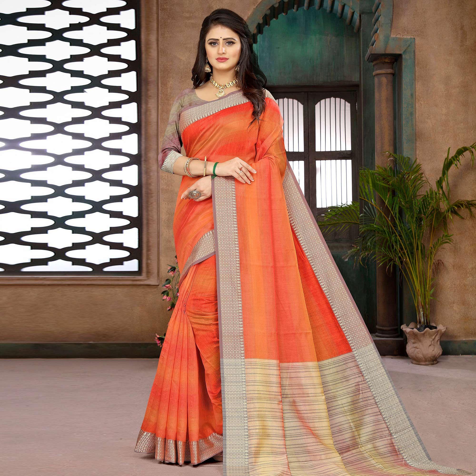 Orange Casual Wear Cotton Saree With Woven Border - Peachmode