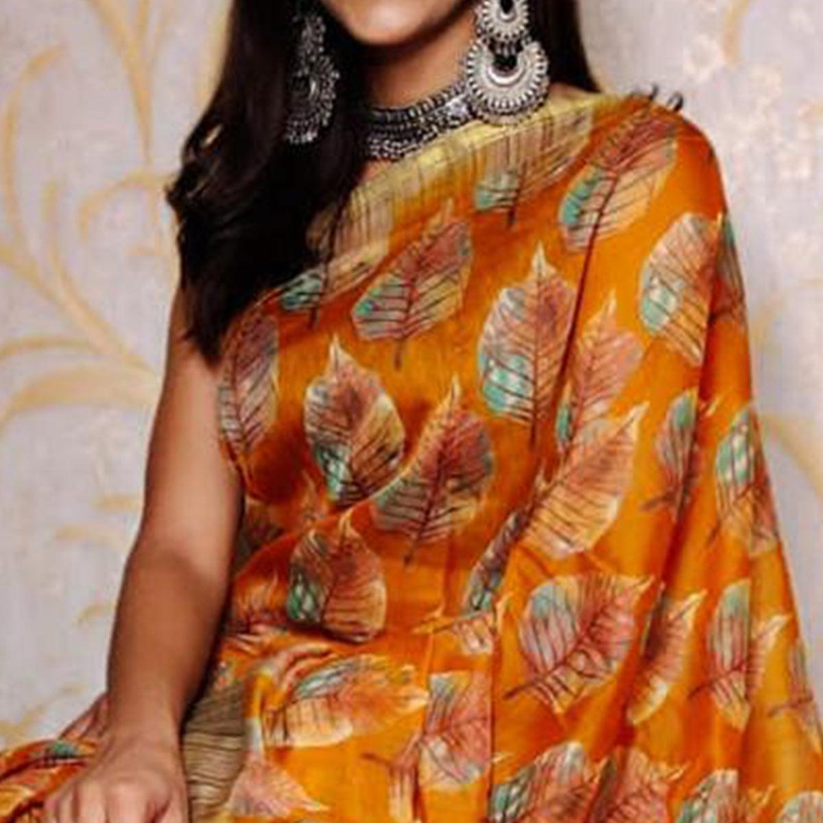 Orange Casual Wear Digital Printed Chanderi Silk Saree - Peachmode