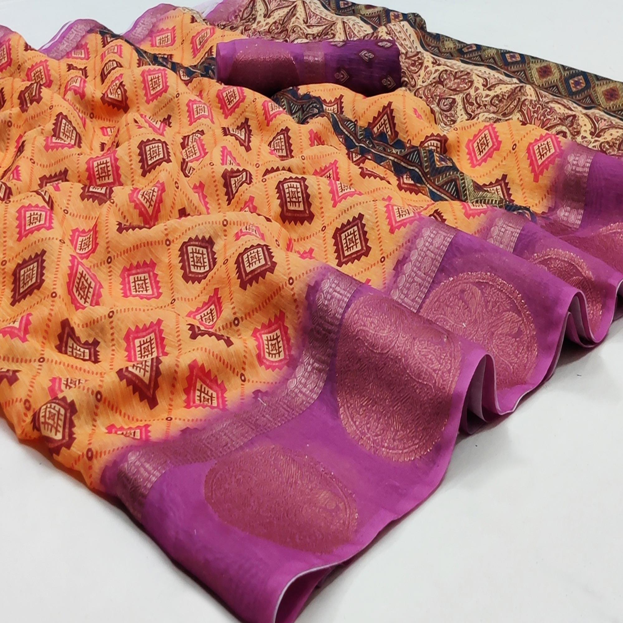 Orange Casual Wear Digital Printed Linen Saree Woven Border - Peachmode