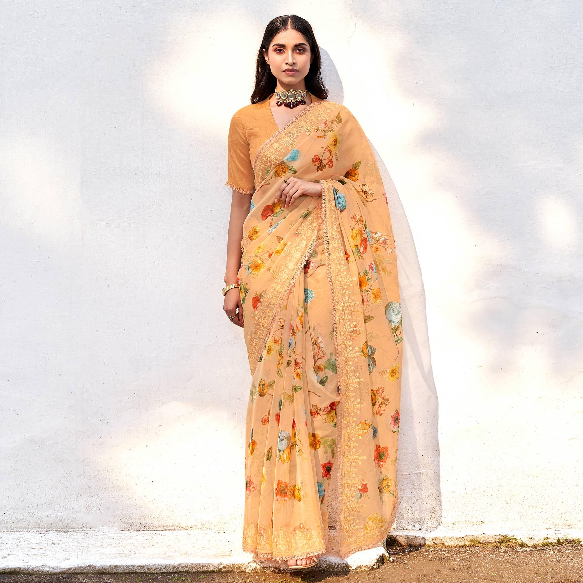 Orange Casual Wear Digital Printed Organza Saree - Peachmode