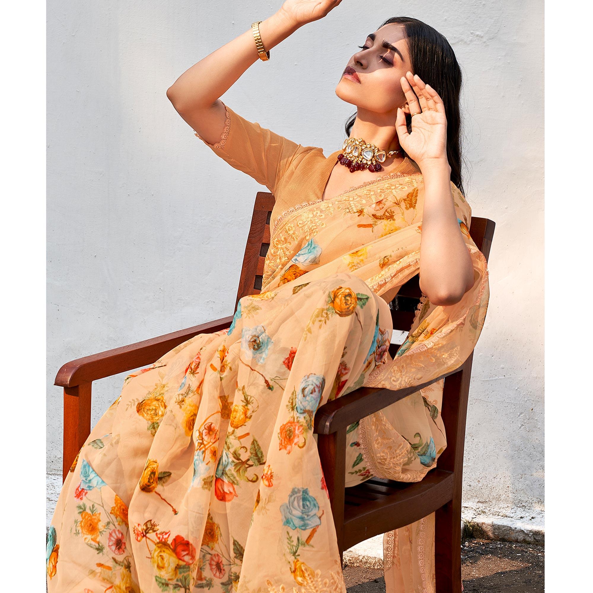 Orange Casual Wear Digital Printed Organza Saree - Peachmode