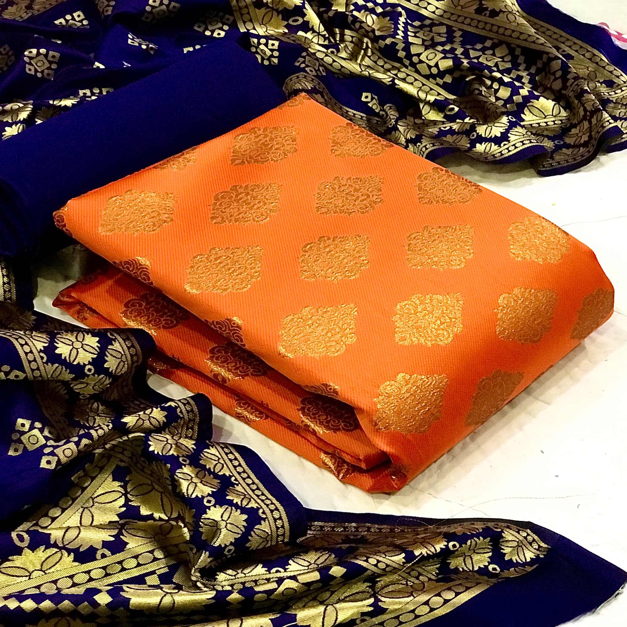 Orange Casual Wear Embroidered Banarasi Silk Dress Material - Peachmode