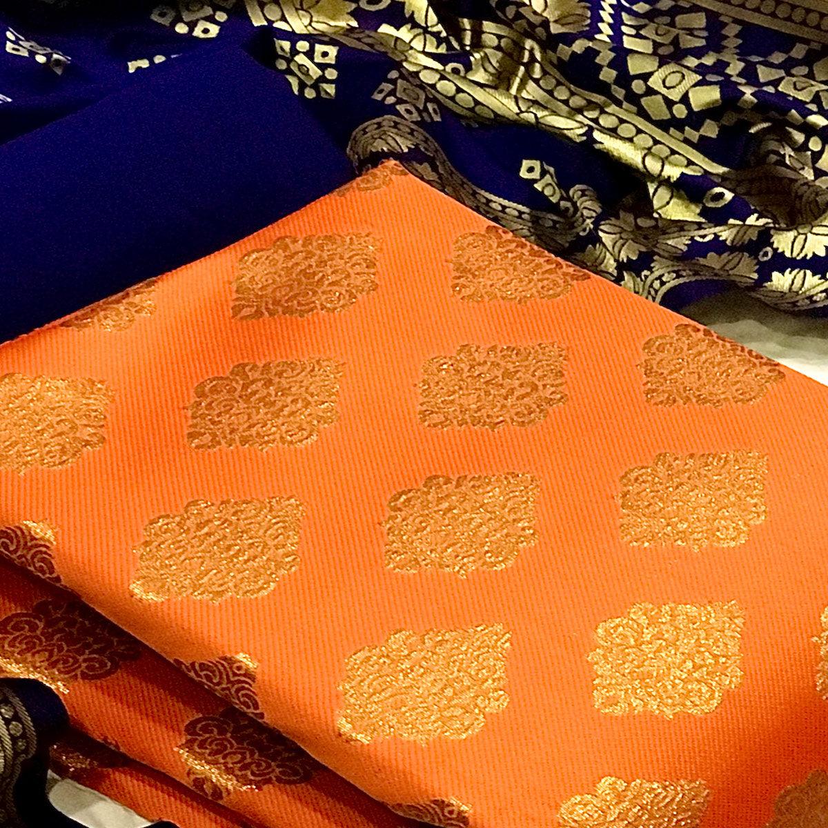 Orange Casual Wear Embroidered Banarasi Silk Dress Material