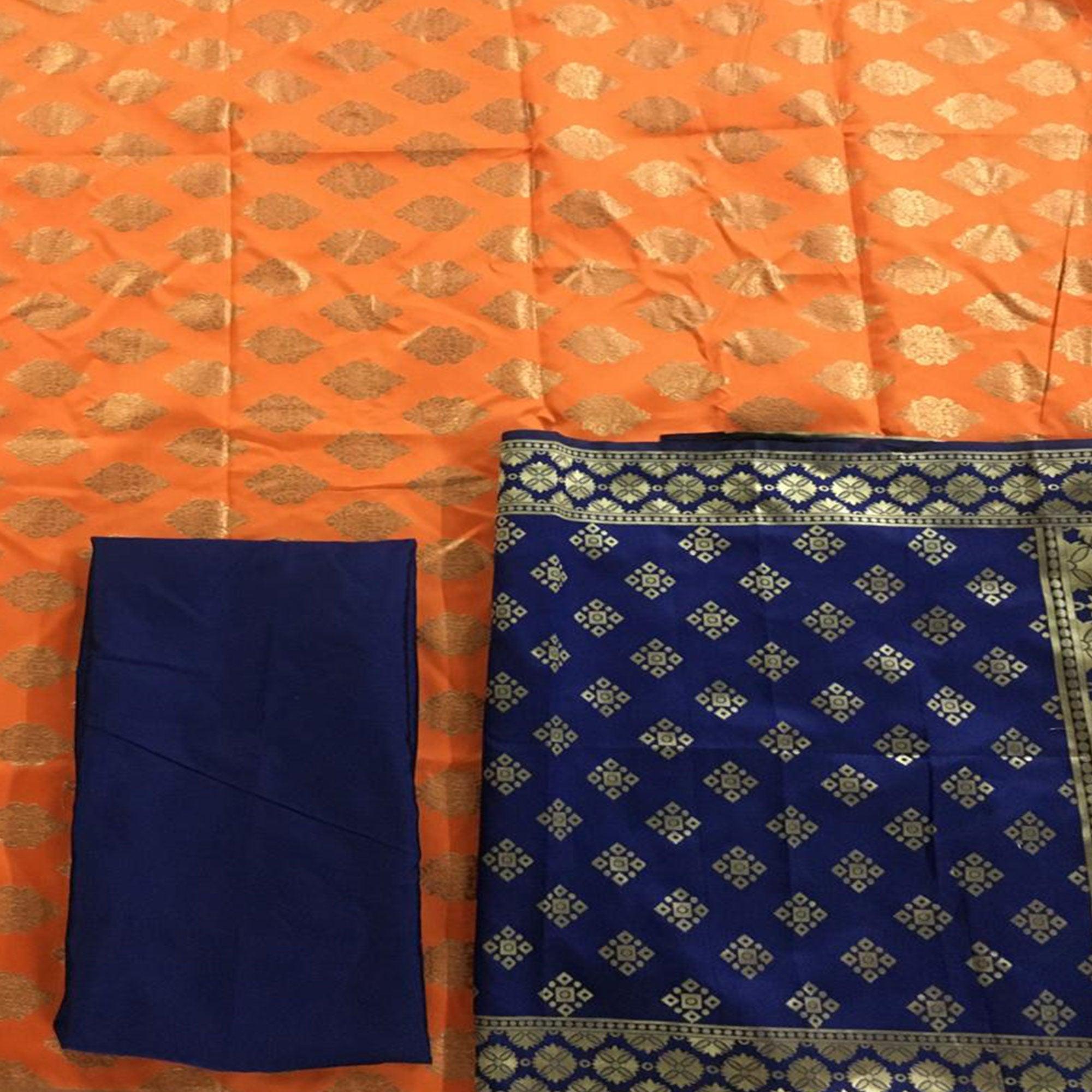 Orange Casual Wear Embroidered Banarasi Silk Dress Material - Peachmode