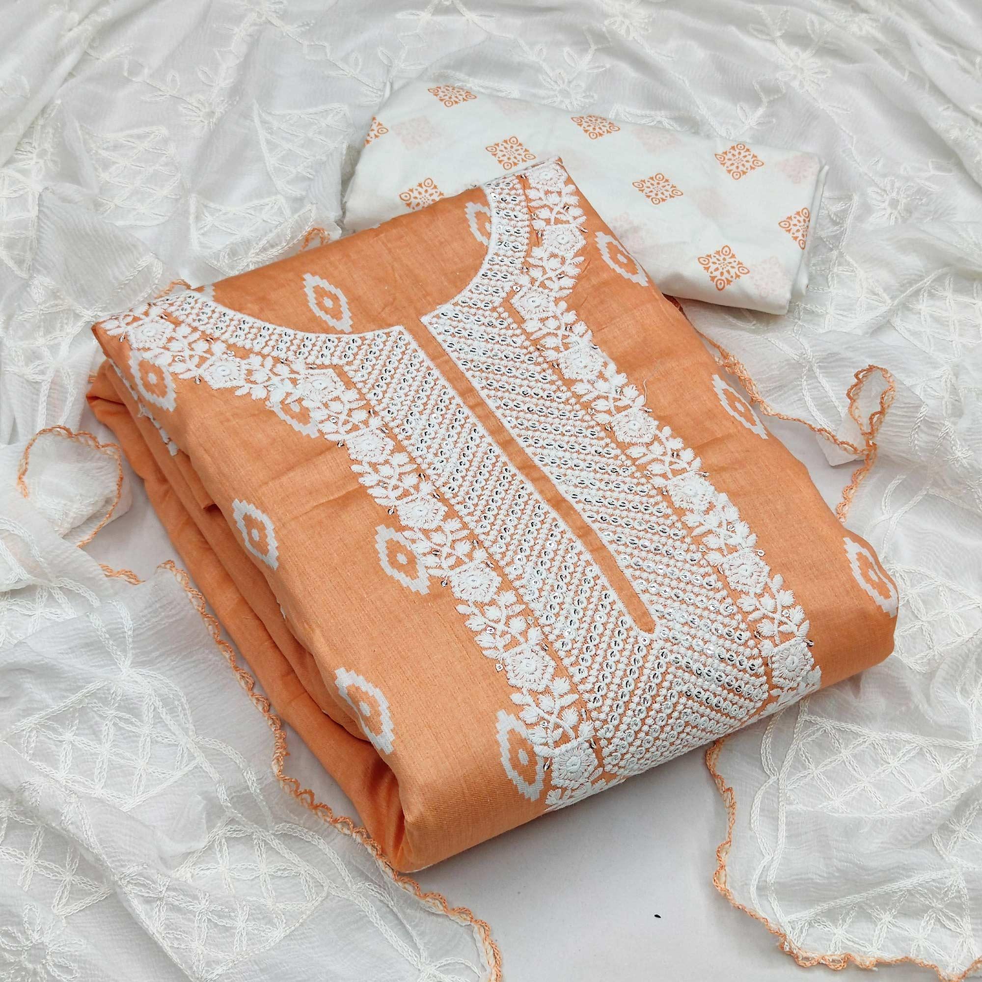 Orange Casual Wear Embroidered Cotton Dress Material - Peachmode