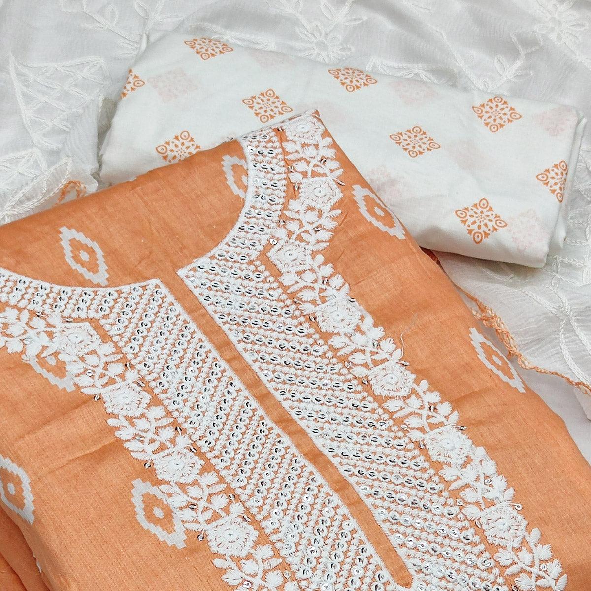 Orange Casual Wear Embroidered Cotton Dress Material - Peachmode