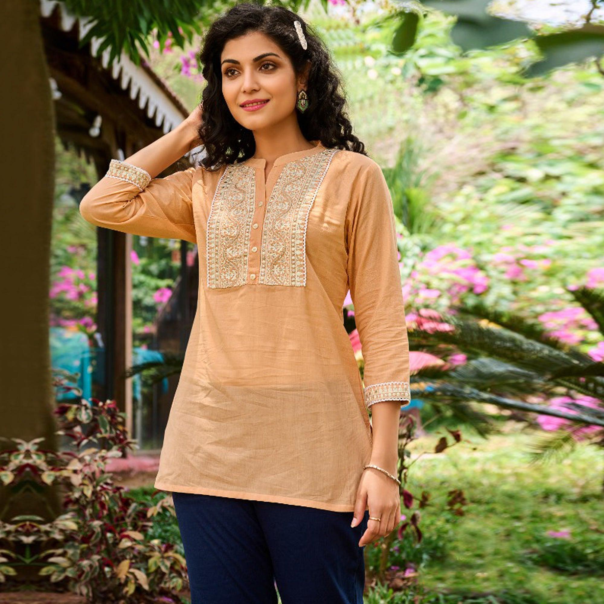 Orange Casual Wear Embroidered Cotton Top - Peachmode