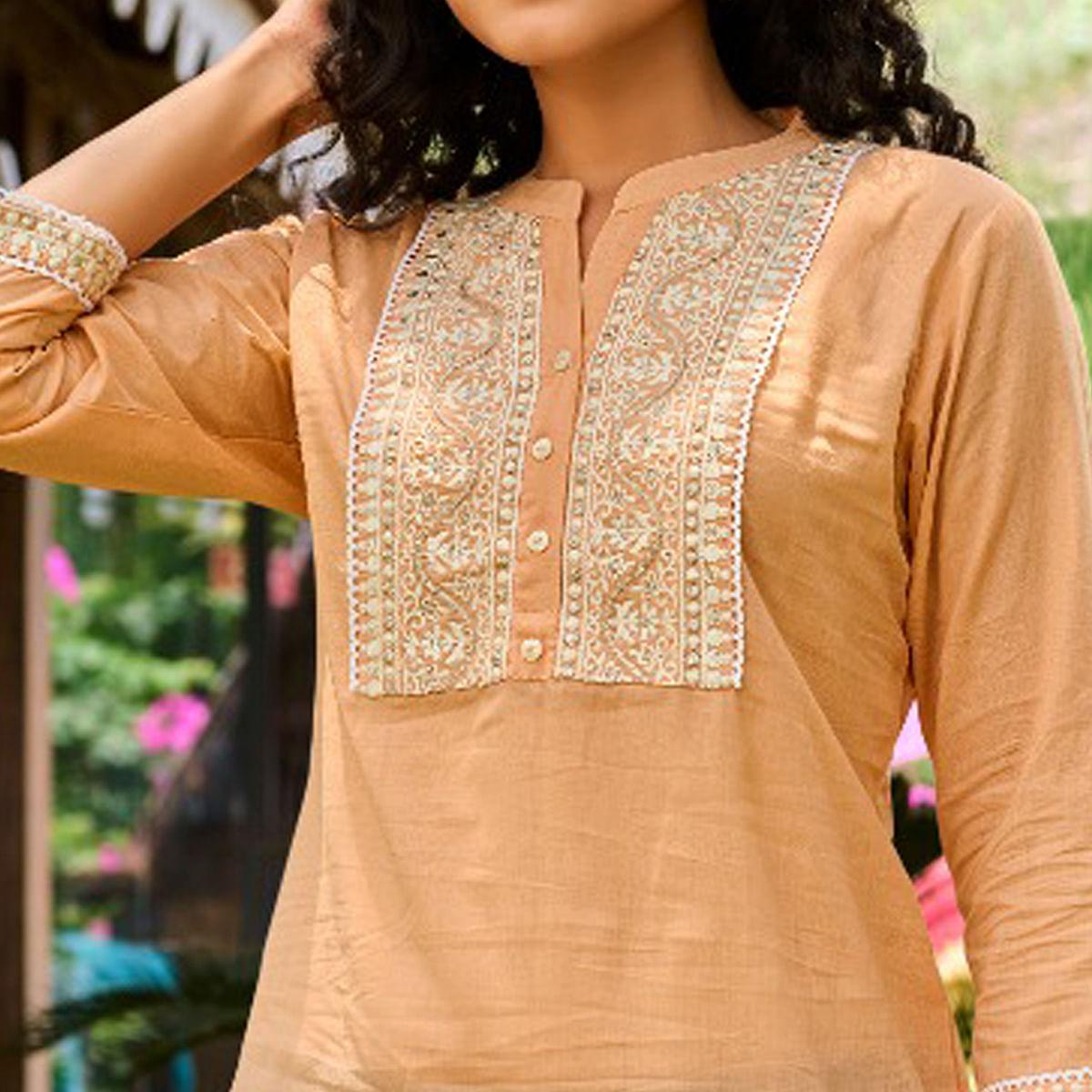 Orange Casual Wear Embroidered Cotton Top - Peachmode