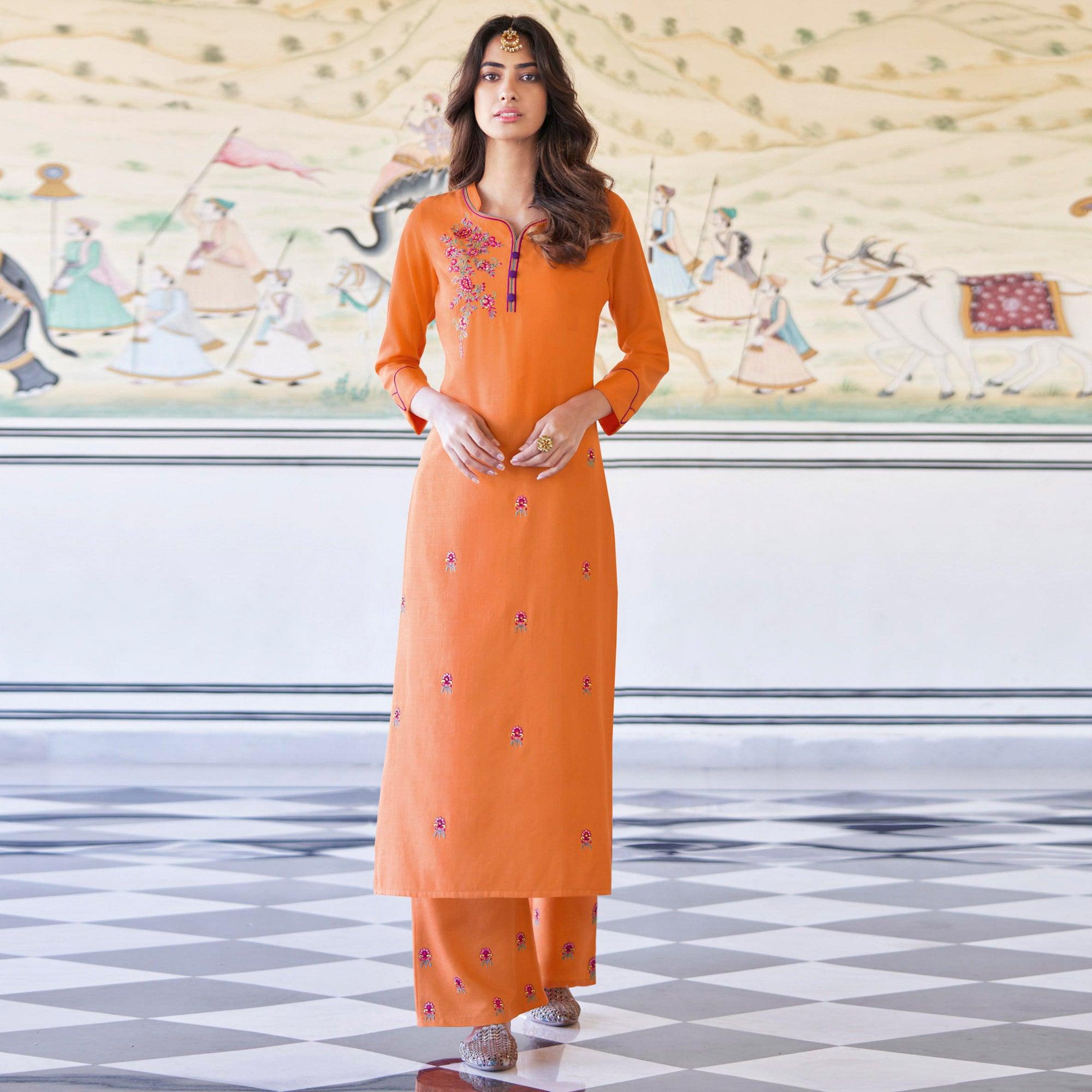 Orange Casual Wear Embroidered Heavy Rayon Kurti - Palazzo Set - Peachmode