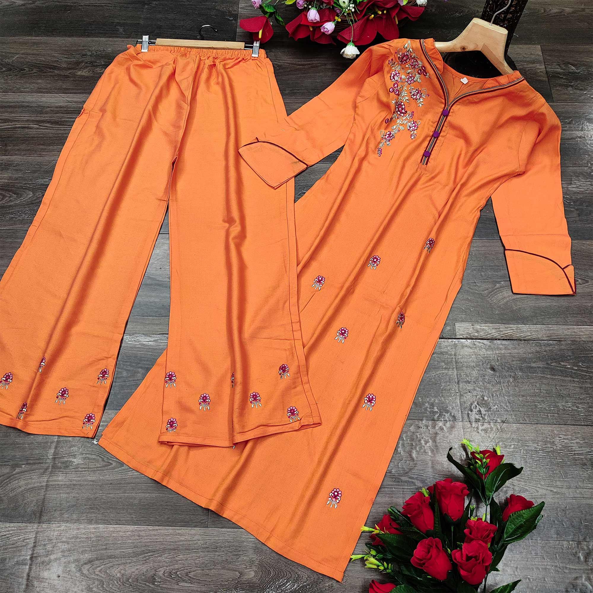 Orange Casual Wear Embroidered Heavy Rayon Kurti - Palazzo Set - Peachmode
