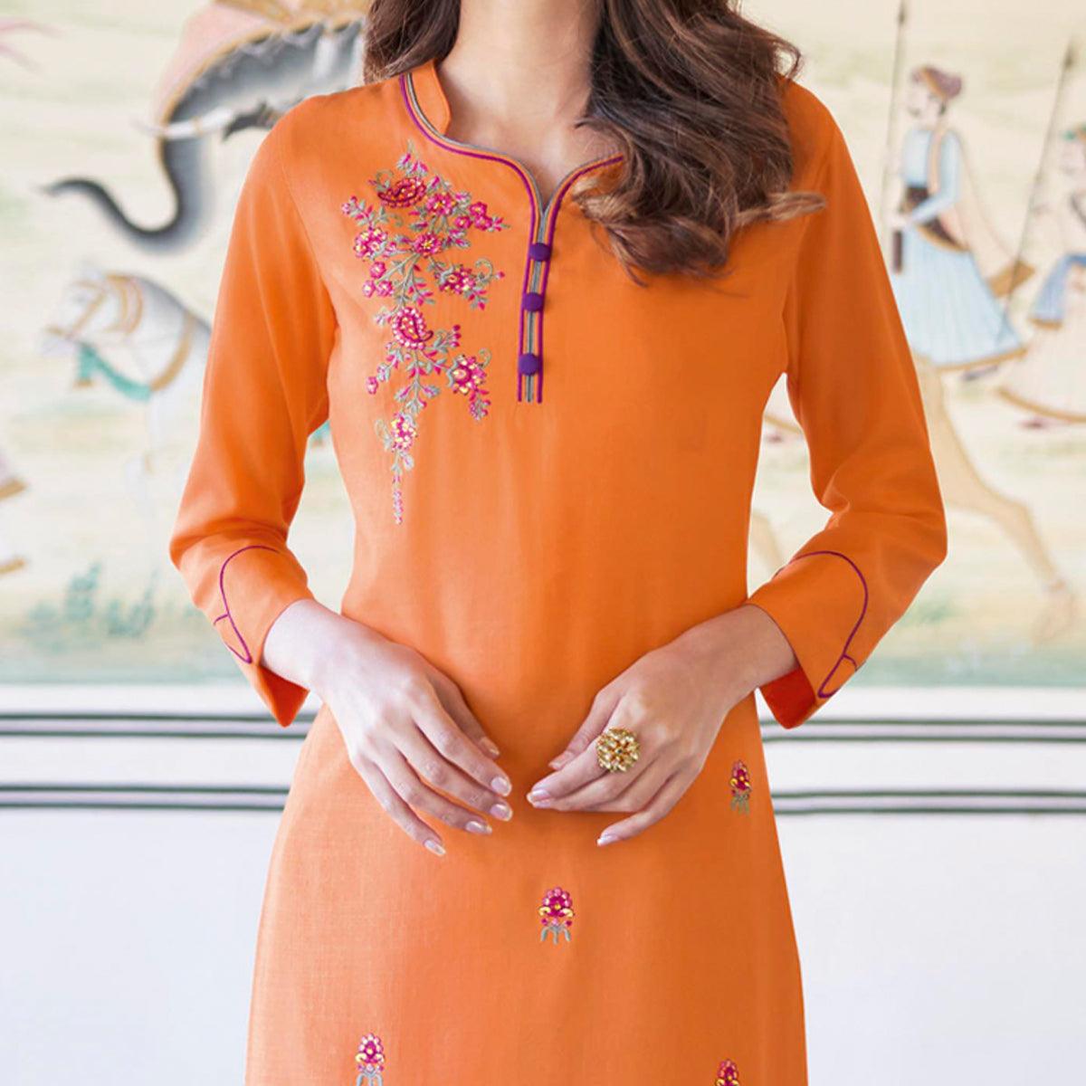 Orange Casual Wear Embroidered Heavy Rayon Kurti - Palazzo Set - Peachmode