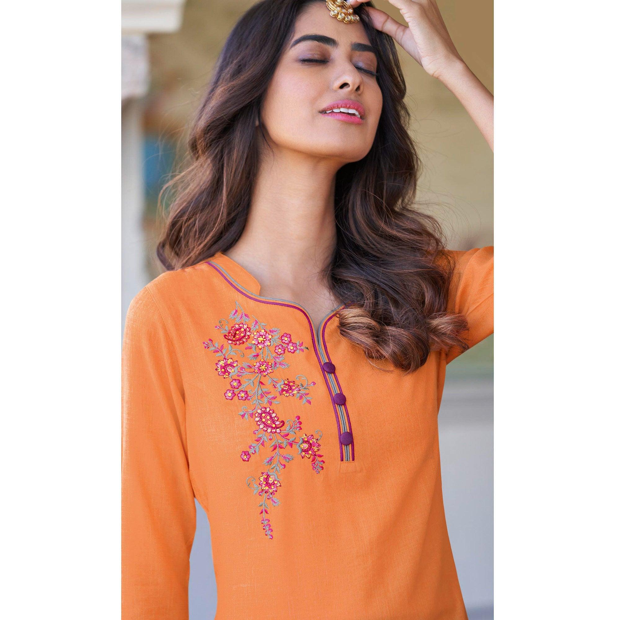Orange Casual Wear Embroidered Heavy Rayon Kurti - Palazzo Set - Peachmode