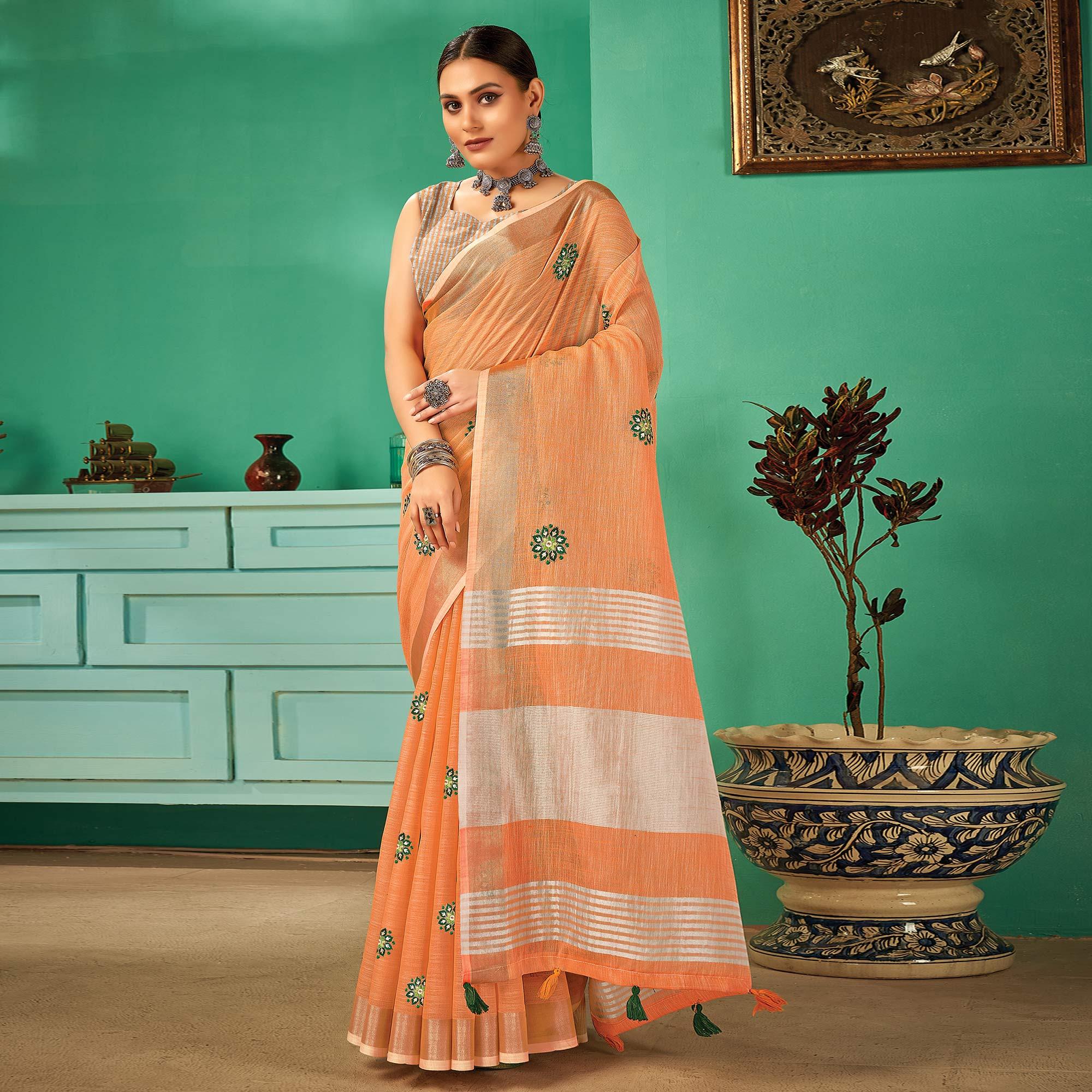 Orange Casual Wear Embroidered Linen Saree - Peachmode