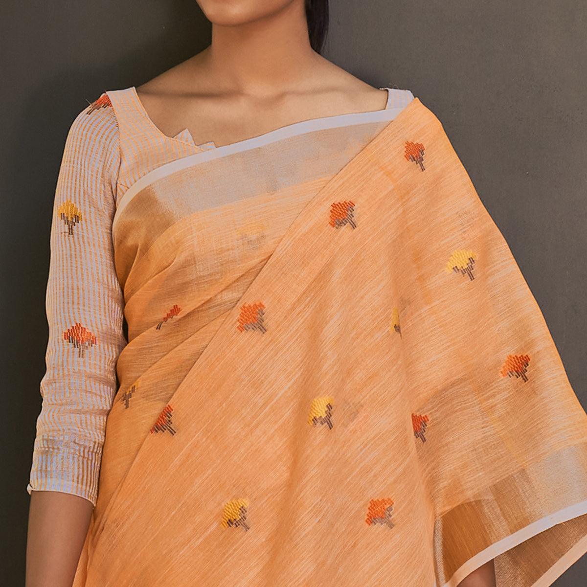 Orange Casual Wear Embroidered Linen Saree - Peachmode
