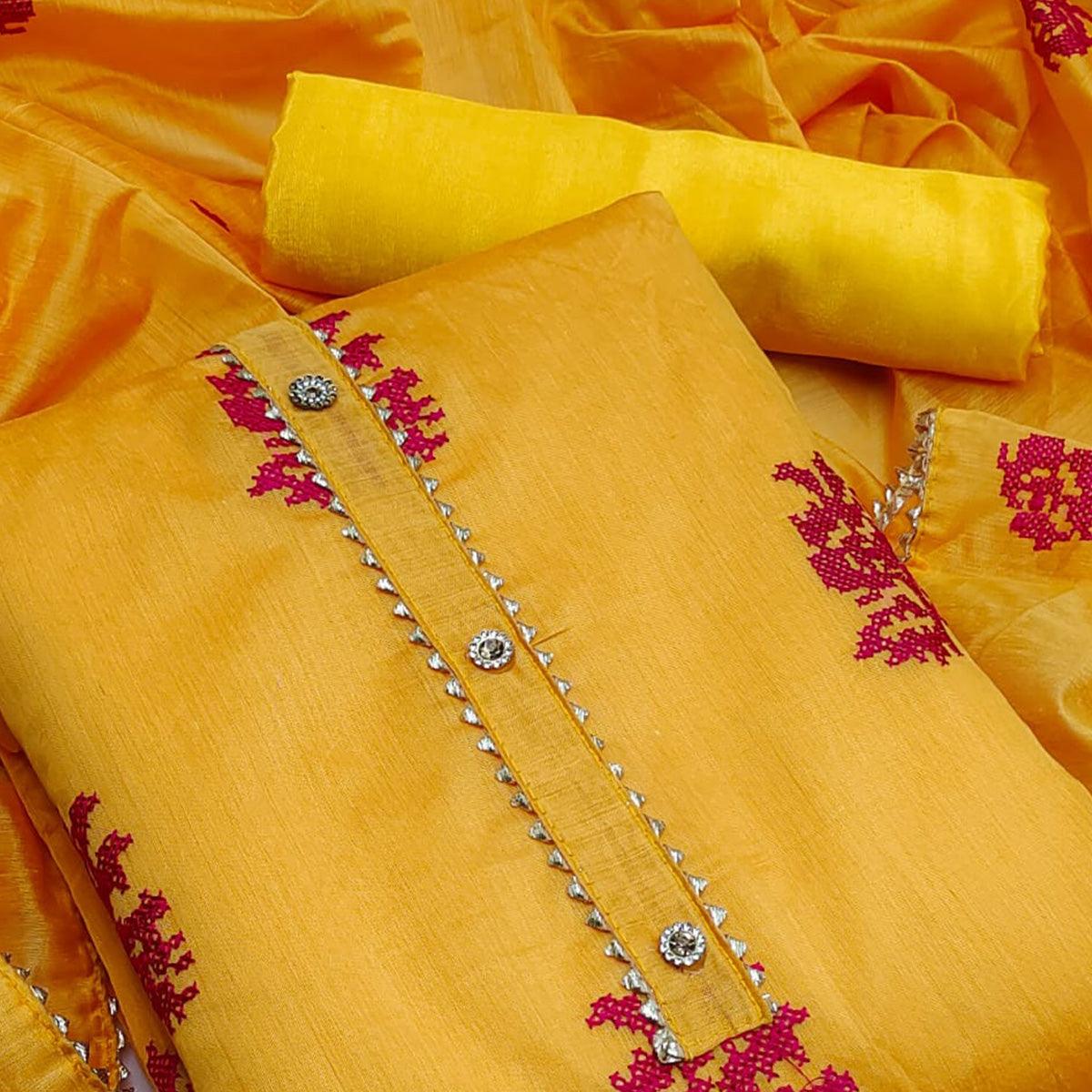 Orange Casual Wear Embroidered Modal Silk Dress Material - Peachmode
