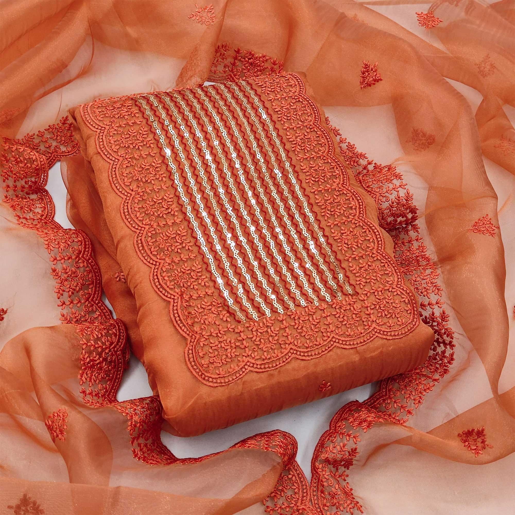 Orange Casual Wear Embroidered Organza Dress Material - Peachmode