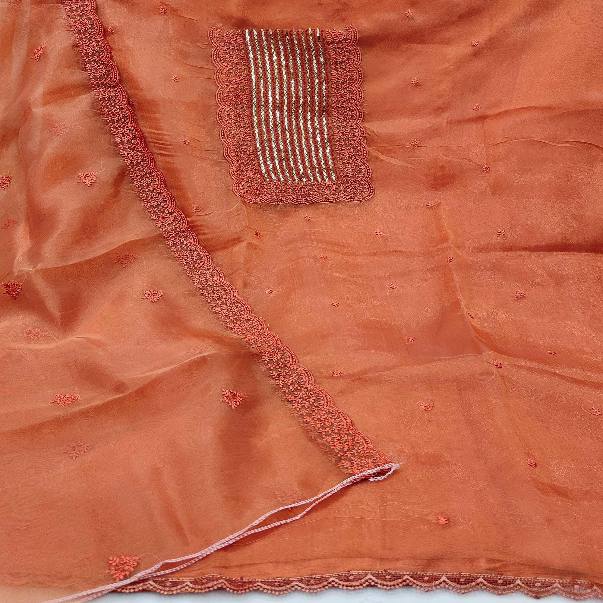 Orange Casual Wear Embroidered Organza Dress Material - Peachmode