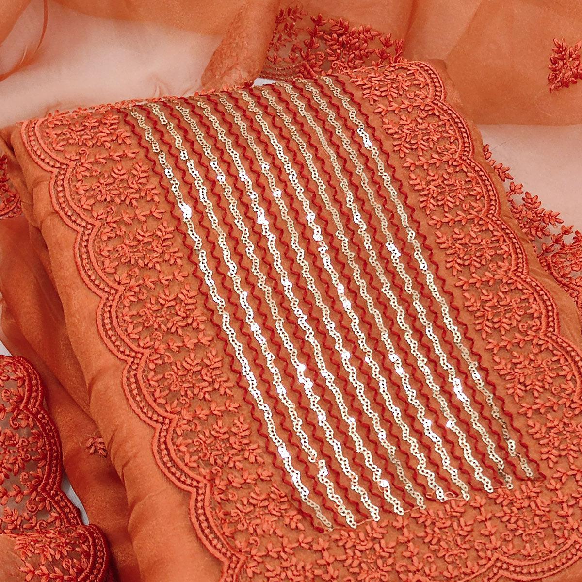 Orange Casual Wear Embroidered Organza Dress Material - Peachmode