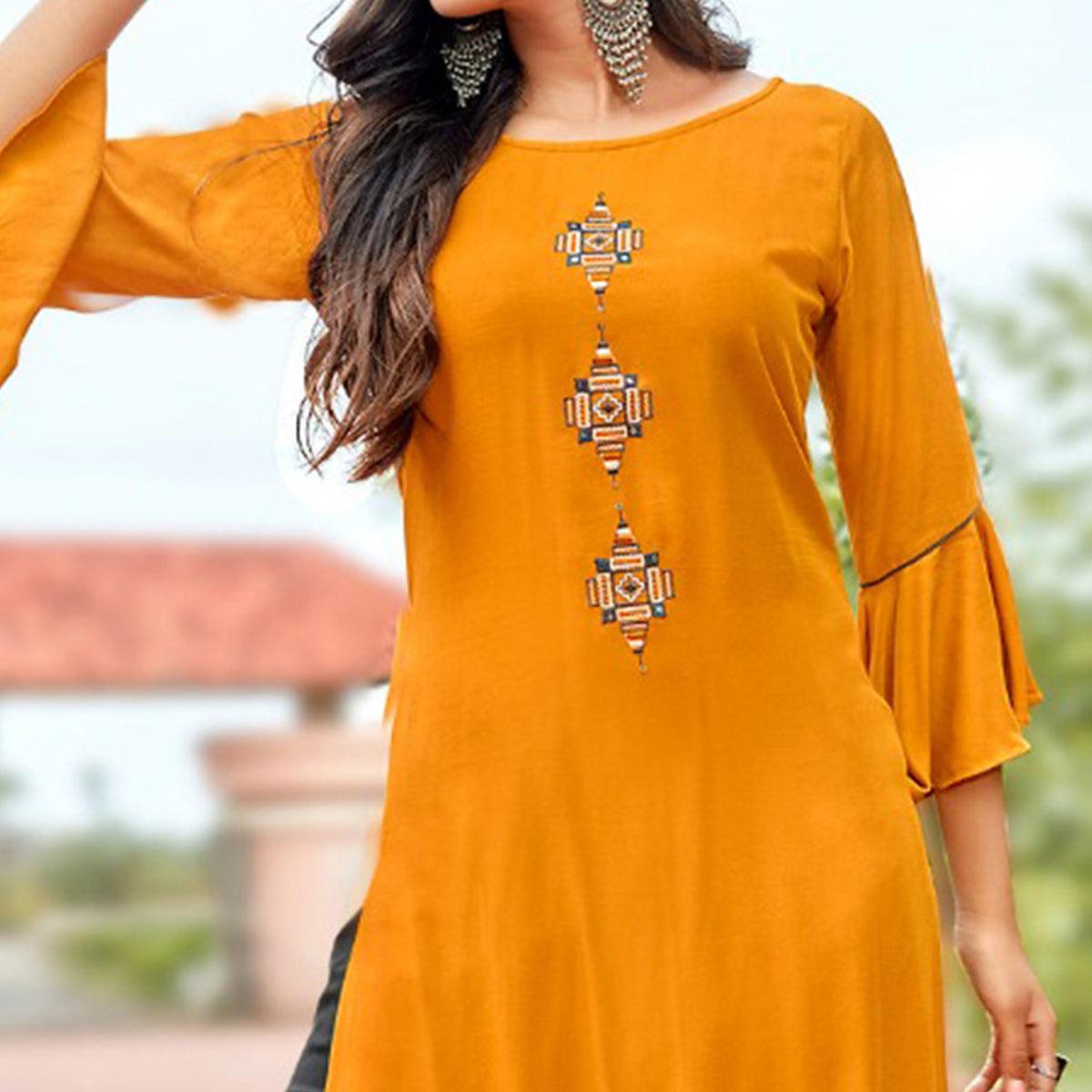 Orange Casual Wear Embroidered Rayon Palazzo Suit - Peachmode