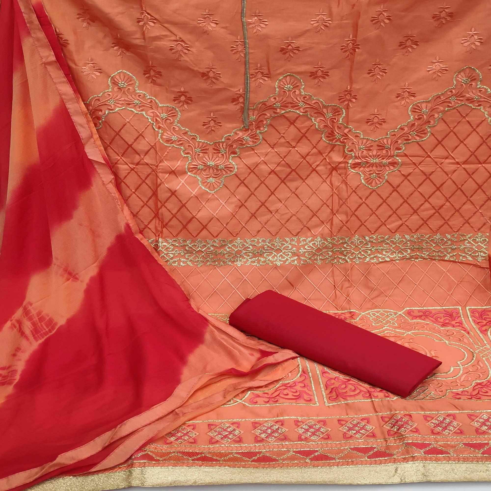 Orange Casual Wear Embroidered Work Cotton Dress Material - Peachmode