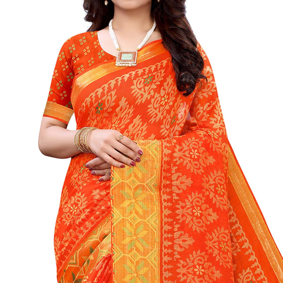 Orange Casual Wear Fancy Printed Heavy Linen Saree With Zari Border - Peachmode