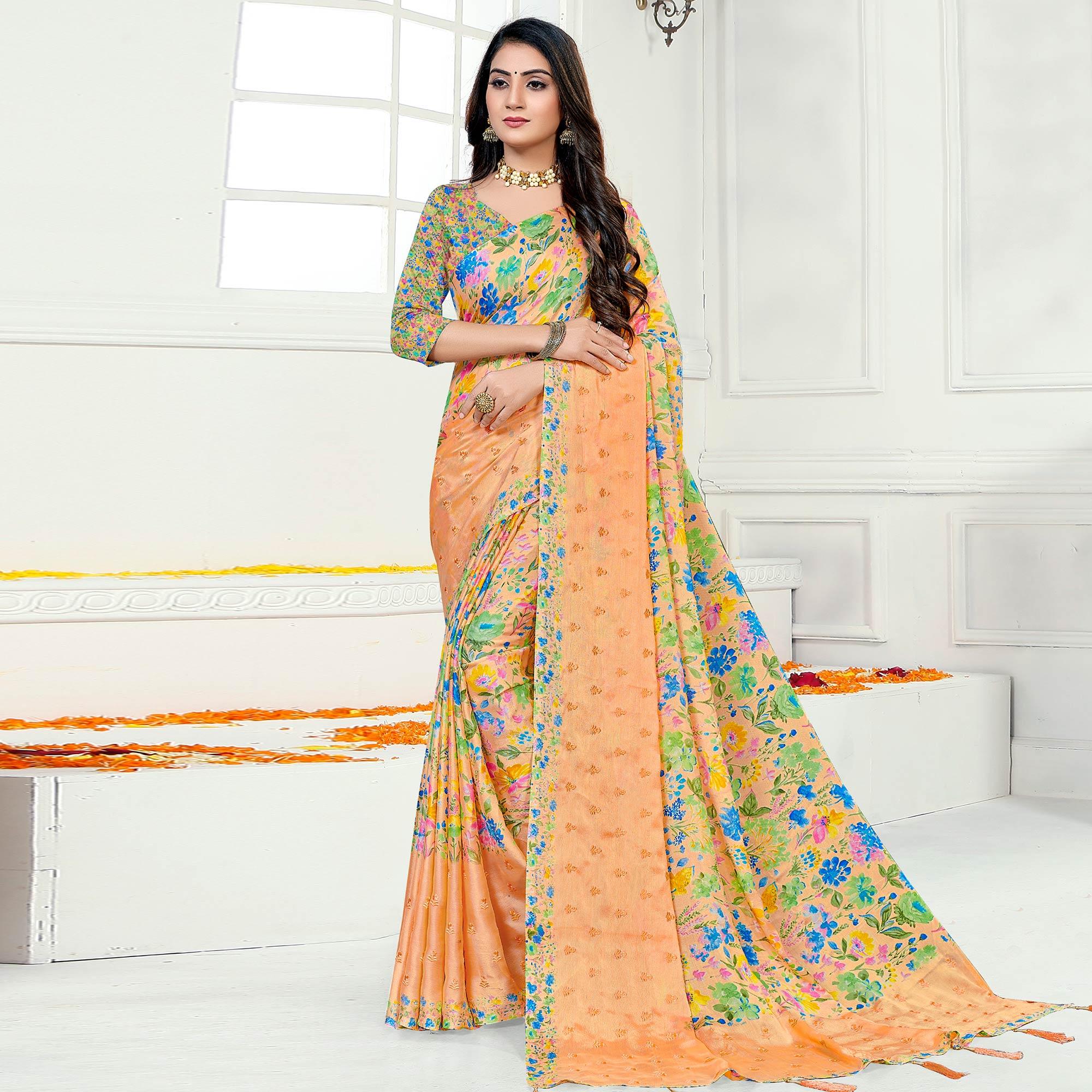 Orange Casual Wear Floral Digital Printed Chiffon Saree - Peachmode